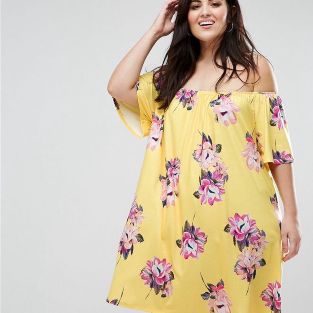 ASOS Off the Shoulder Mini Dress in Yellow Floral